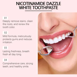 Dentifrice nicotinamide détail montrant des dents blanches étincelantes et haleine fraîche.