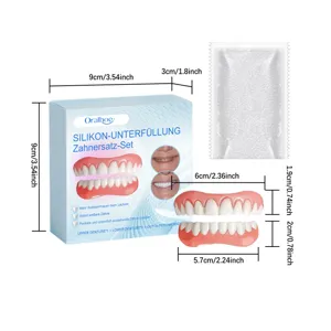Vista dettagliata della dentiera cosmetica Oralhoe, set superiore e inferiore con perle.