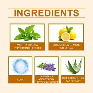 Detailed view of natural plant ingredients including peppermint, lemon, water, lavender and aloe.