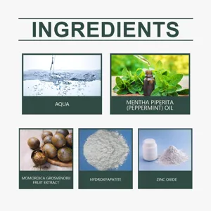 Infographie détaillée des ingrédients avec eau, huile de menthe poivrée et agents dentaires.