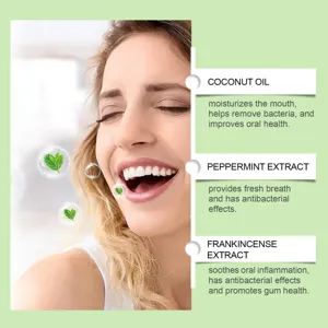 Coconut mouthwash with peppermint and frankincense extracts for oral care and fresh breath.