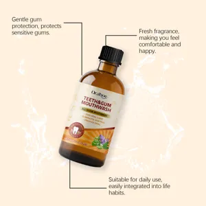 Herbal mouthwash detail showing amber glass bottle, black cap and active botanical ingredients.
