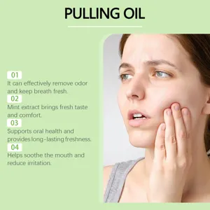 Detail view of oral pulling oil with mint extract and benefits for fresh breath and oral health.