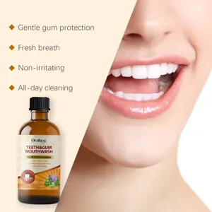 Herb mouthwash bottle detail showing gentle gum protection and fresh breath effect.