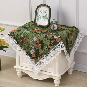 Vintage floral bedside table cover with delicate white lace trim dustproof square cloth.