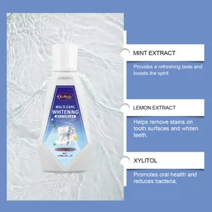 Detailed view of refreshing mint mouthwash featuring natural plant extracts and xylitol.