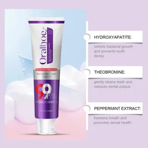 Oralhoe whitening toothpaste detail view showing refreshing mint flavor and key active ingredients.