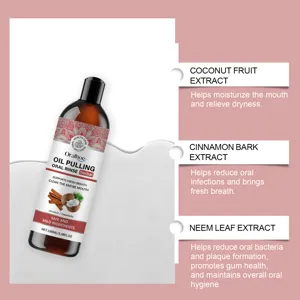 Oralhoe herbal oil pulling mouthwash detail graphic showcasing coconut and cinnamon extracts.