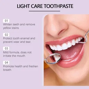 Whitening toothpaste detail showing clean teeth, enamel protection and fresh breath benefits.