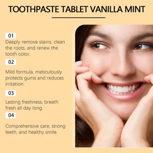 Comprime de dentifrice menthe vanille pour nettoyage en profondeur et haleine fraiche.