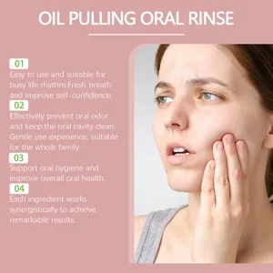 Detailed view of model demonstrating refreshing oral rinse for clean breath and daily care.