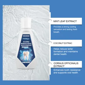 Oralhoe whitening mouthwash detail showing mint leaf and coconut extract ingredients for fresh breath.