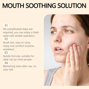 Detail view showing portable oral soothing solution features, gentle formula for fresh breath.