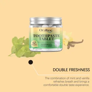 Détail des comprimés de dentifrice menthe vanille Oralhoe avec 62 pièces et ingrédients nano.