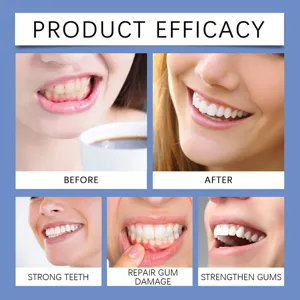 Detail view showing teeth whitening efficacy, before and after results, and gum care benefits.