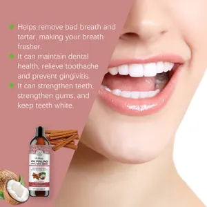 Detailed close-up view of herbal oil pulling oral rinse bottle with natural ingredients.