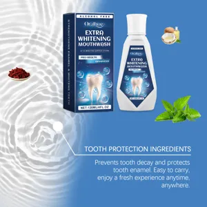 Detail view of Oralhoe whitening mouthwash bottle and packaging box with natural mint.