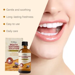 Detail view of herbal oral soothing solution showing clean bottle and fresh smile.