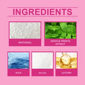 Detail view of oral care mouthwash active ingredients including panthenol mint and xylitol.