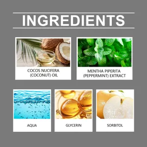 Product ingredient detail graphic showcasing natural coconut oil and peppermint extract formulas.