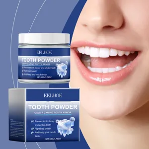 Detailed view of EELHOE teeth whitening powder jar and box with clean white smile showcase.
