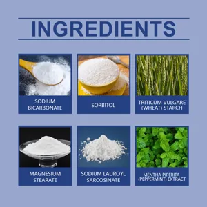 Detailed ingredient chart showing natural and active components for portable solid toothpaste tablets.
