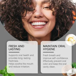Detail view showing mouthwash benefits with fresh mint and coconut ingredients for oral care.