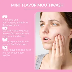 Mint flavor mouthwash for daily fresh breath, gentle cleaning and oral discomfort relief.