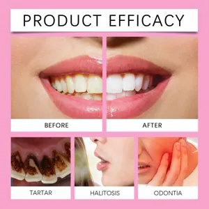 Oral care mouthwash product efficacy detail image showing teeth whitening results and dental health.