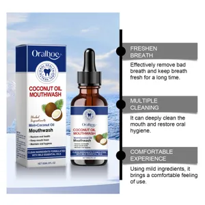 Detail view of ORALHOE coconut oil mint mouthwash 60ml bottle with fresh herbal ingredients.