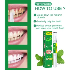 Detailed view of teeth whitening pen with usage steps, 3ml gel and mint decor, easy care.