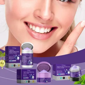 Oralhoe teeth whitening powder detail showcasing purple mineral formula for bright smile.