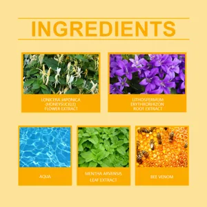 Infographie detaillee des ingredients avec extraits naturels de chevrefeuille et menthe.