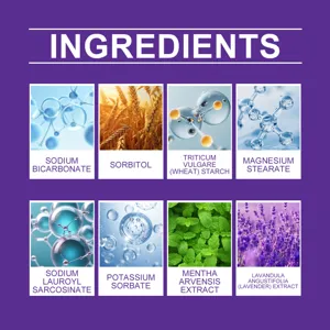 Ingredients detail infographic for purple tooth powder showing active formula components clearly.