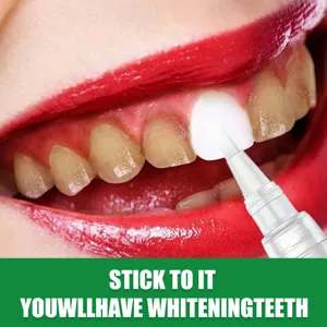 Teeth whitening pen detail view showing application gel on teeth for bright smile care.