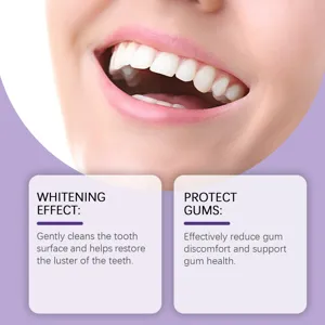 Close-up detail view of bright white teeth and gum protection features for oral care tooth powder.