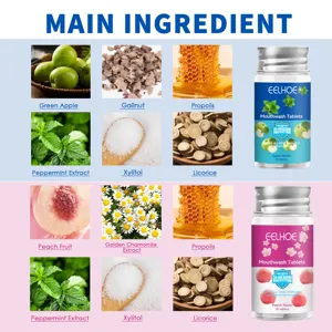 Detail view showing natural herbal and fruit ingredients for refreshing oral mouthwash tablets.