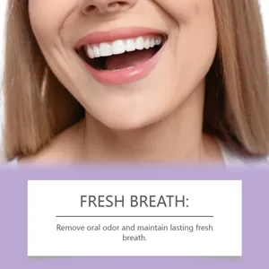 Teeth whitening and breath freshening detail view, showing clean smile and oral care results.