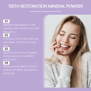 Teeth restoration mineral powder for deep cleaning and gum care, fresh mint flavor formula.