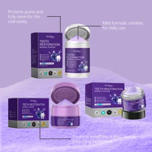 Oralhoe purple teeth powder detail view, deep cleaning mint breath and gum care formula.