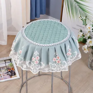 Quilted Round Stool Cover Lace Trim Elastic Anti Slip Chair Cushion Protector Soft Fabric Home Decor Round Stool Slipcover