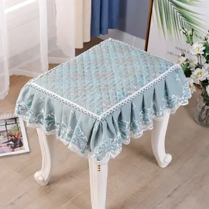 European style square stool cover, quilted makeup stool cushion with elegant lace trim details.