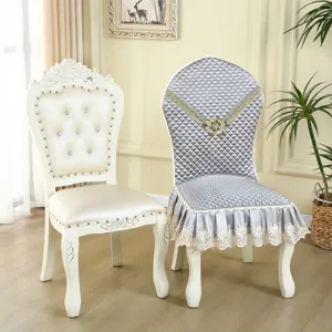 European style quilted dining chair cover with elegant lace ruffle and embroidery details.