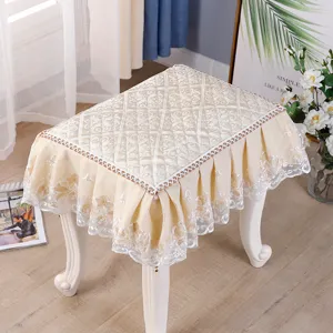 European style square stool cover with elegant lace ruffle and quilted embroidery design for home vanity.
