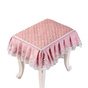 European style pink quilted vanity stool cover with delicate white lace trim for home decor