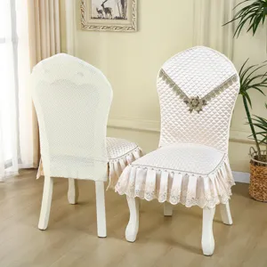 European style quilted dining chair cover detail showcasing elegant lace skirt and back flower.