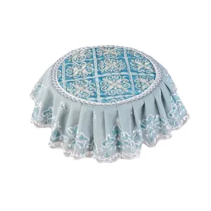 Round stool cover with lace ruffled hem, blue quilted fabric non-slip chair cushion.