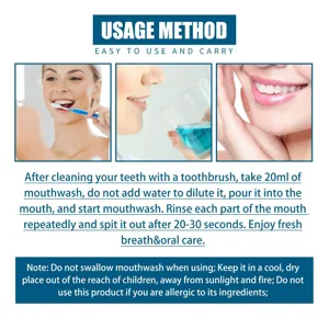 Jaysuing mouthwash detail guide showing usage instructions for fresh breath and oral care.
