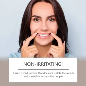Detailed shot of oral care, showing gentle and non-irritating mouthwash effect for sensitive teeth.