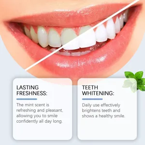 Vue rapprochée de dentifrice à la menthe montrant un blanchiment et une fraîcheur.